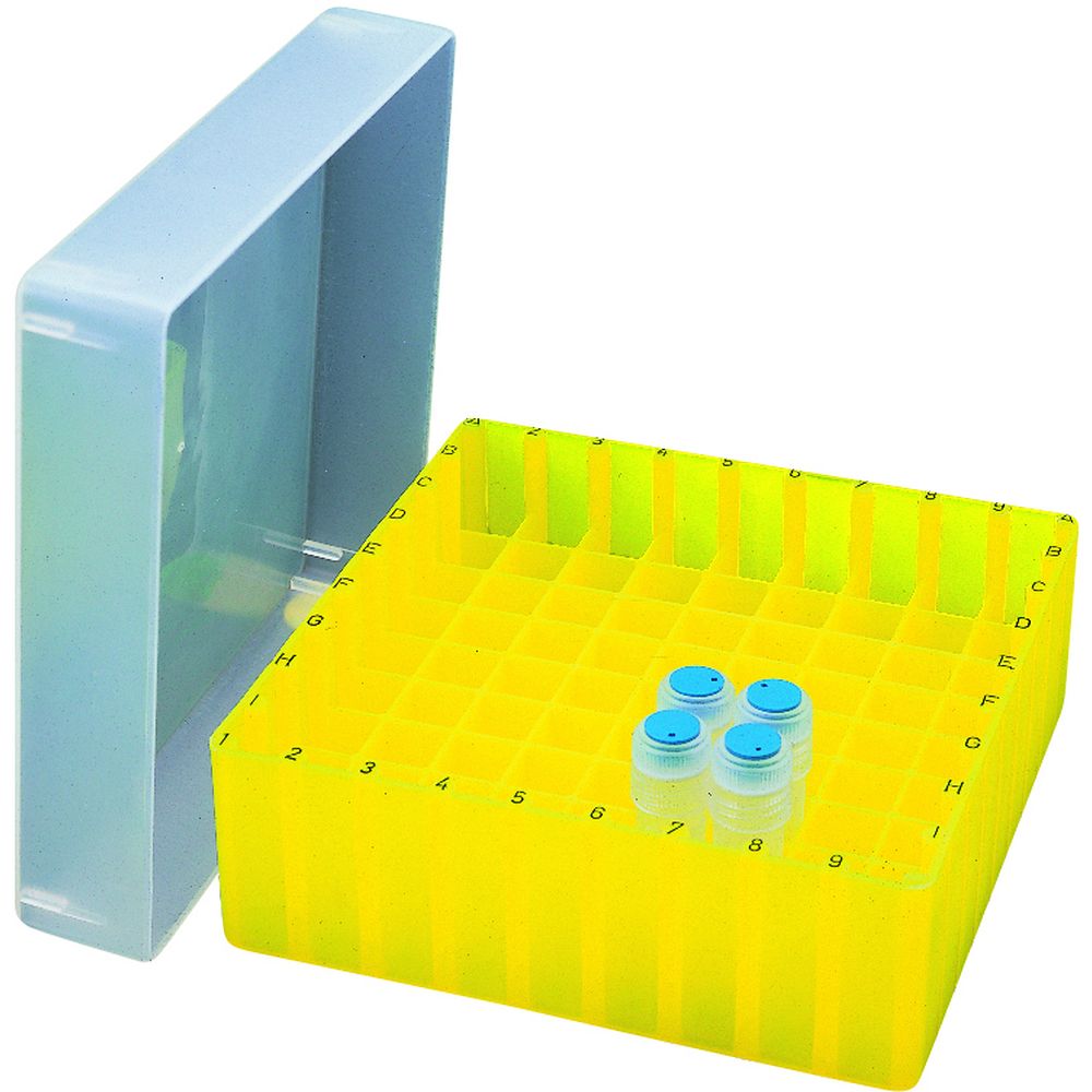 Boîte cryogénique jaune -196°C en polypropylène pour 81 tubes