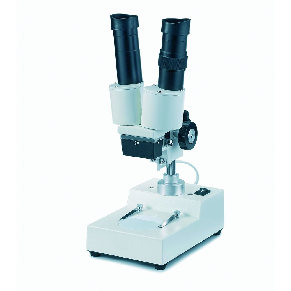 Stéréomicroscope sur statif à colonne et porte objet blanc