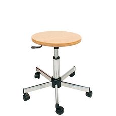 Tabourets en bois, piètement chromé sur roulettes