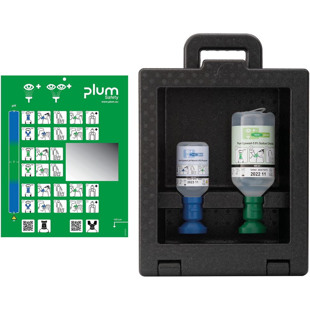 Stations lave-œil portables combinées solution chlorure de sodium et solution pH neutre