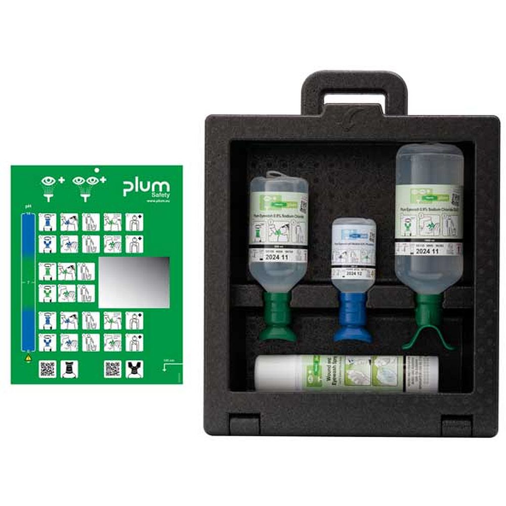 Stations lave-œil portables combinées solution chlorure de sodium et solution pH neutre