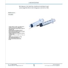 Seringues 2 ml stériles 3 pièces à embout Luer avec aiguille Ø 0,6 mm longueur 25 mm x 100 
